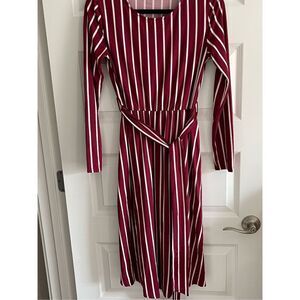Striped cotton LS belted dress Women’s S Maroon White Casual Classic‎